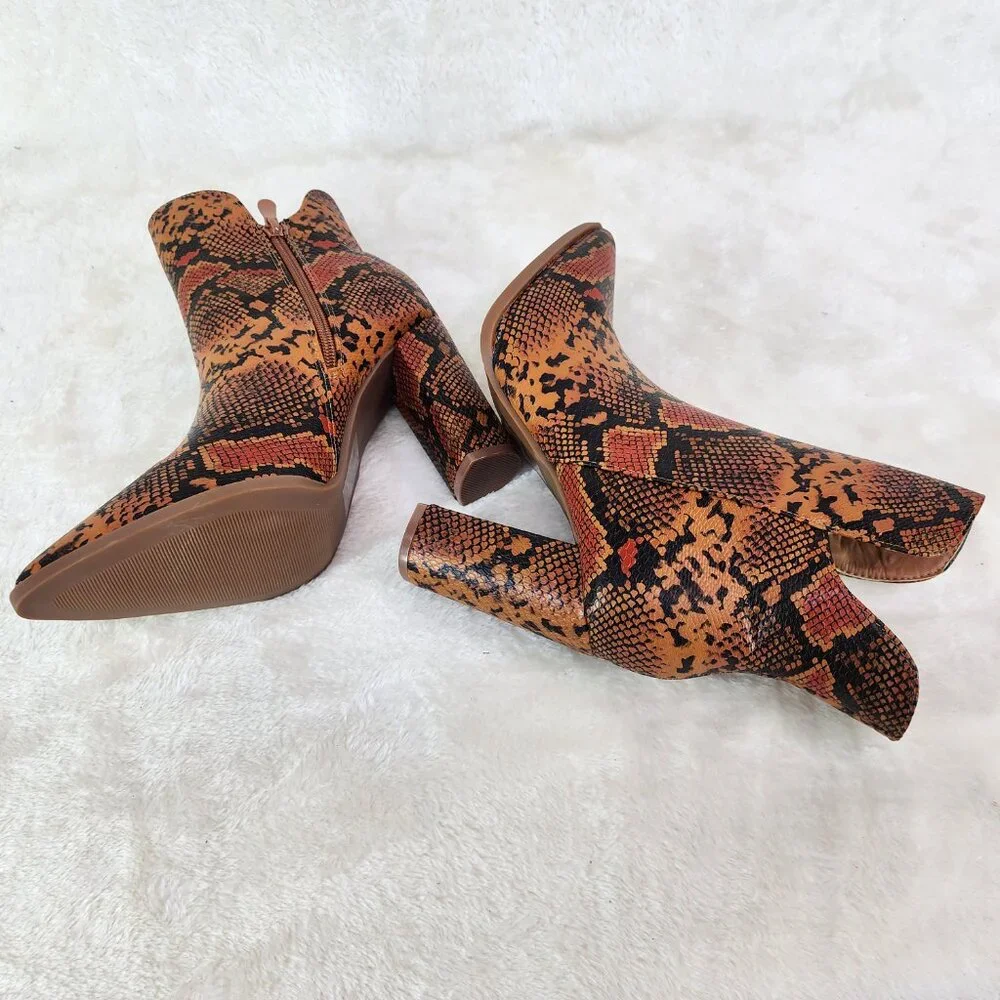 Brown Snake Print 3" Chunky Heel Ankle boots - Picture 2 of 8